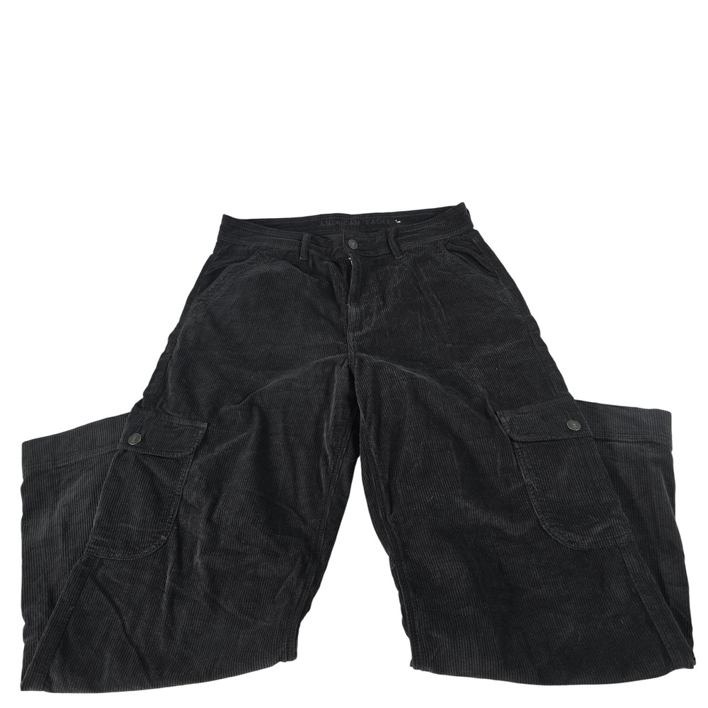 American Eagle Womens Black Corduroy Cargo‎ Wide Leg Pants Size 10 Short Stretch